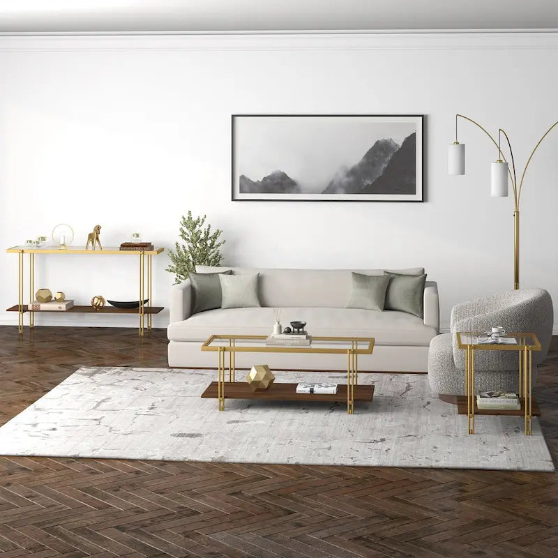 Brass / Blackened Bronze / Brass Walnut Geometric Steel & Glass Side Table – 1-Person