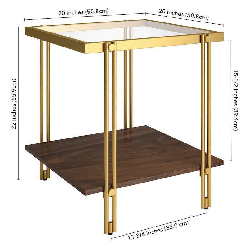 Brass / Blackened Bronze / Brass Walnut Geometric Steel & Glass Side Table – 1-Person