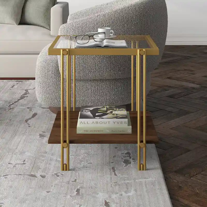 Brass / Blackened Bronze / Brass Walnut Geometric Steel & Glass Side Table – 1-Person