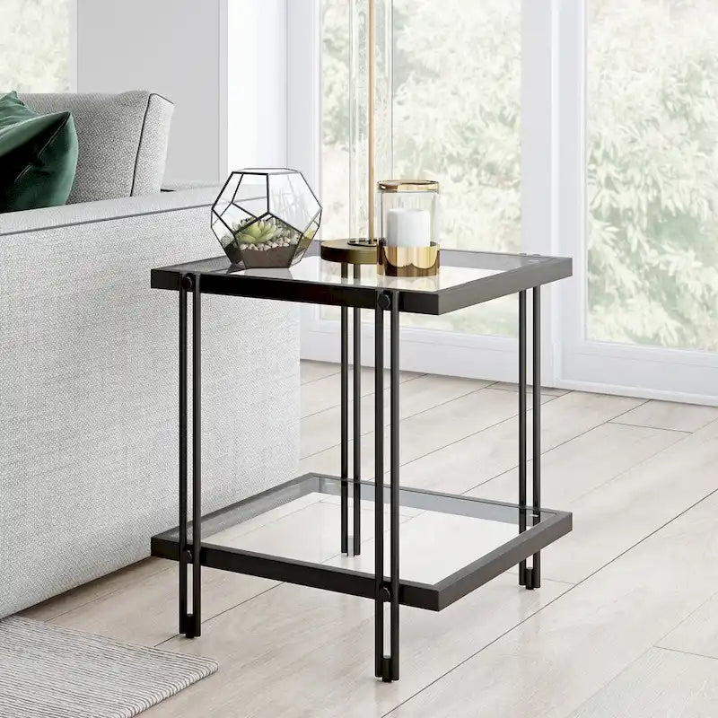 Brass / Blackened Bronze / Brass Walnut Geometric Steel & Glass Side Table – 1-Person