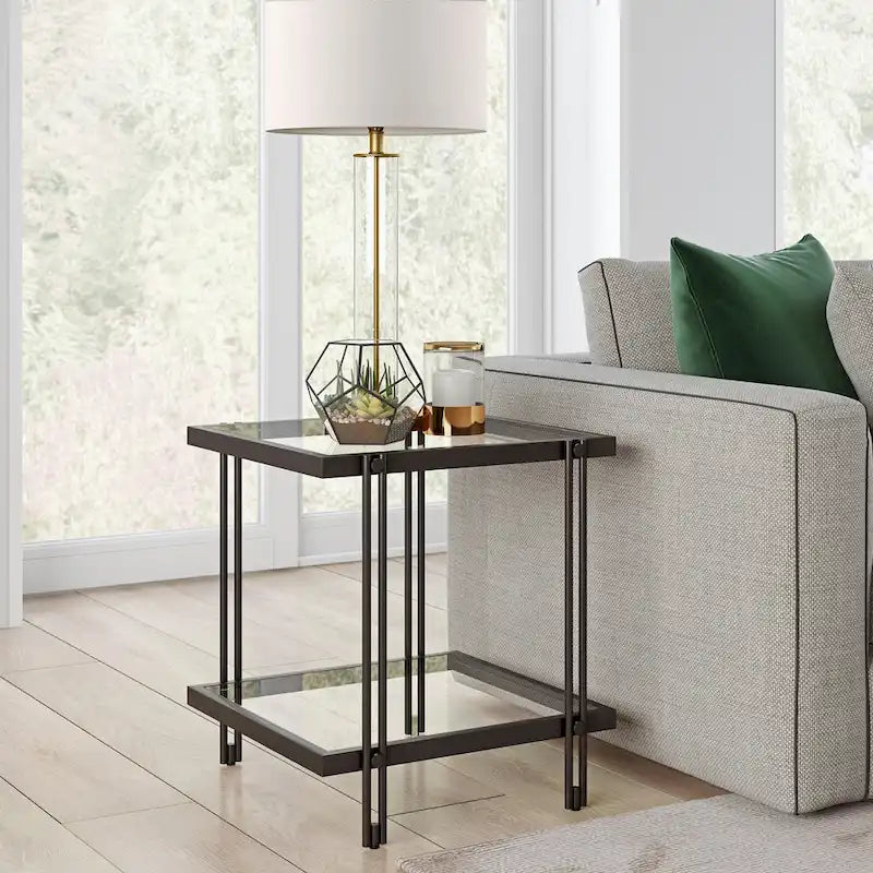 Brass / Blackened Bronze / Brass Walnut Geometric Steel & Glass Side Table – 1-Person