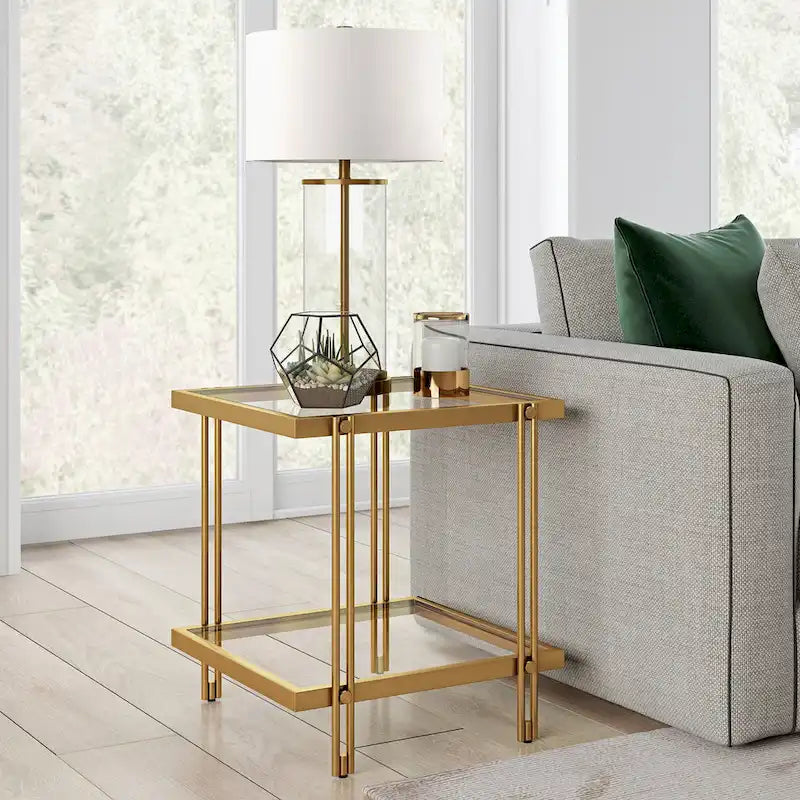 Brass / Blackened Bronze / Brass Walnut Geometric Steel & Glass Side Table – 1-Person