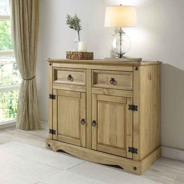 Gray Wash / Antique Brown Pine Wood Buffet Sideboard, 1-Person Assembly