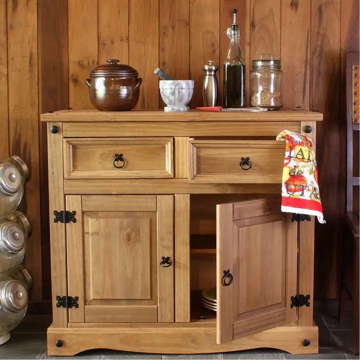 Gray Wash / Antique Brown Pine Wood Buffet Sideboard, 1-Person Assembly