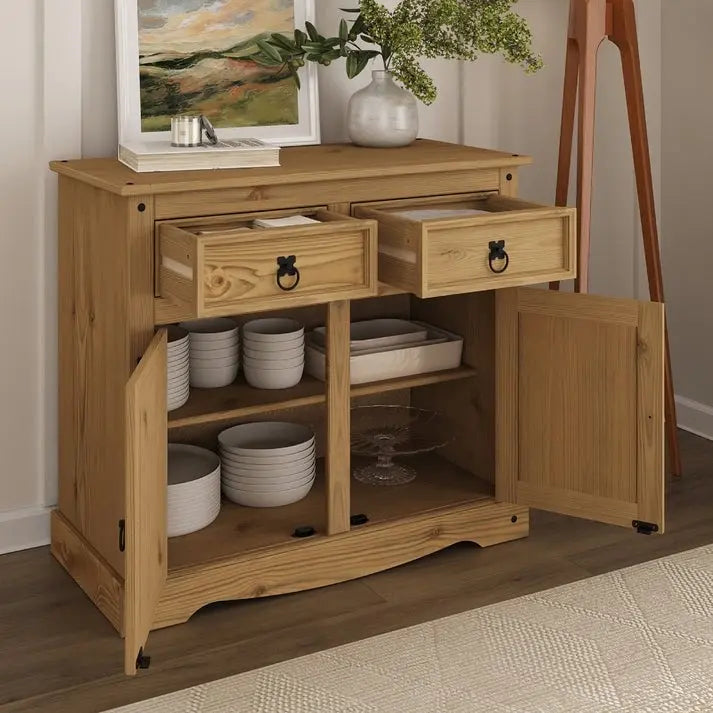 Gray Wash / Antique Brown Pine Wood Buffet Sideboard, 1-Person Assembly