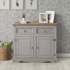 Gray Wash / Antique Brown Pine Wood Buffet Sideboard, 1-Person Assembly