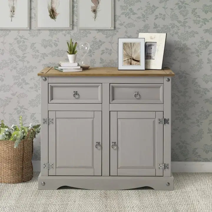 Gray Wash / Antique Brown Pine Wood Buffet Sideboard, 1-Person Assembly