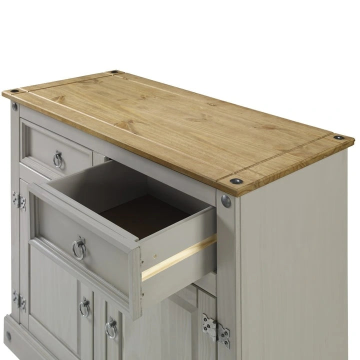 Gray Wash / Antique Brown Pine Wood Buffet Sideboard, 1-Person Assembly
