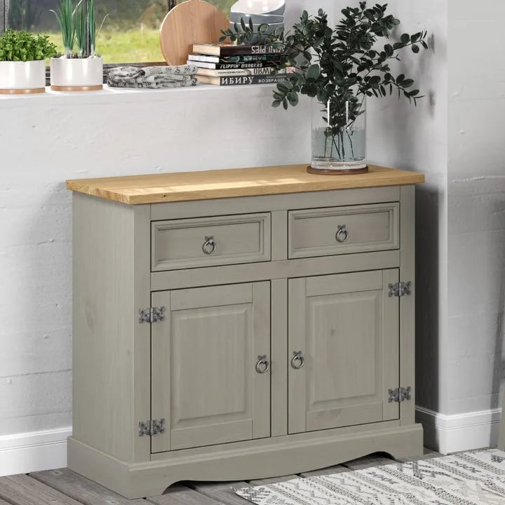 Gray Wash / Antique Brown Pine Wood Buffet Sideboard, 1-Person Assembly