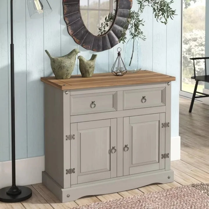 Gray Wash / Antique Brown Pine Wood Buffet Sideboard, 1-Person Assembly