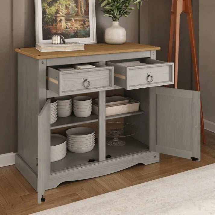 Gray Wash / Antique Brown Pine Wood Buffet Sideboard, 1-Person Assembly