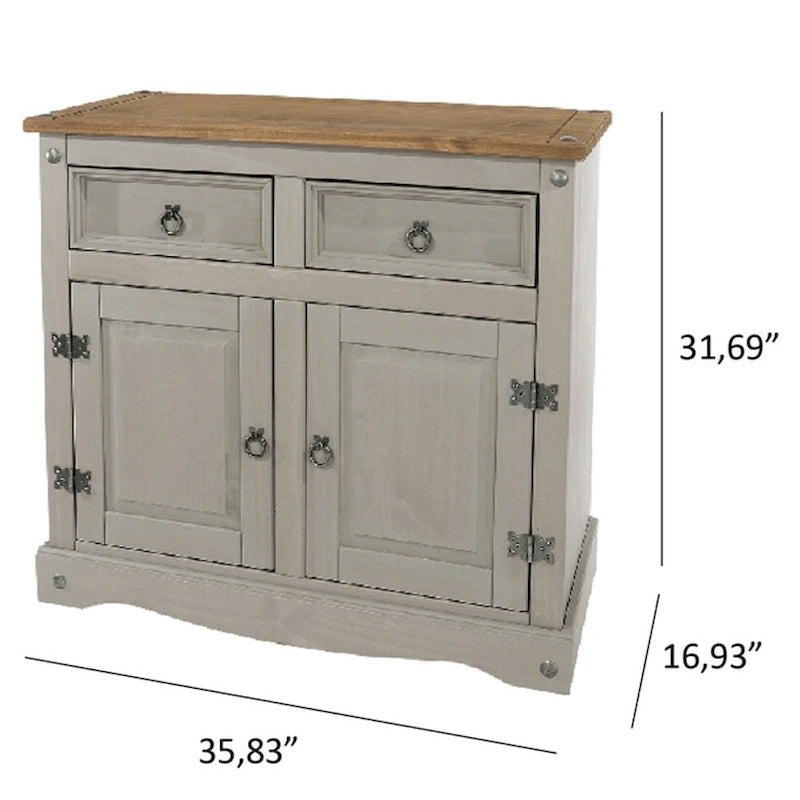 Gray Wash / Antique Brown Pine Wood Buffet Sideboard, 1-Person Assembly