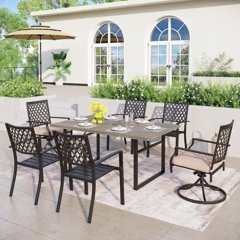 7-Piece Outdoor Dining Set, Brown & Black, Rectangular Table with 6 Metal Chairs, Seats 6