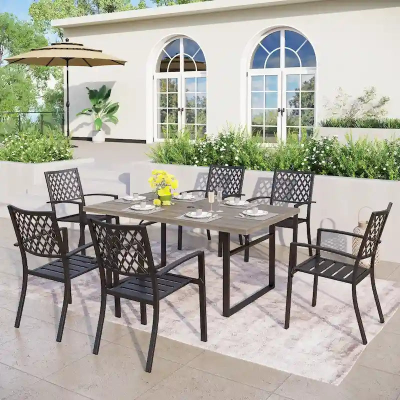 7-Piece Outdoor Dining Set, Brown & Black, Rectangular Table with 6 Metal Chairs, Seats 6