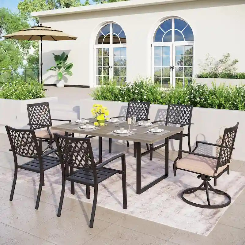 MAISON ARTS Patio Dining Set of 7 with Metal U-Shaped Leg Rectangular Dining Table and Metal Dining Chairs