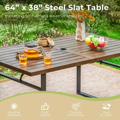 7-Piece Outdoor Dining Set, Brown & Black, Rectangular Table with 6 Metal Chairs, Seats 6