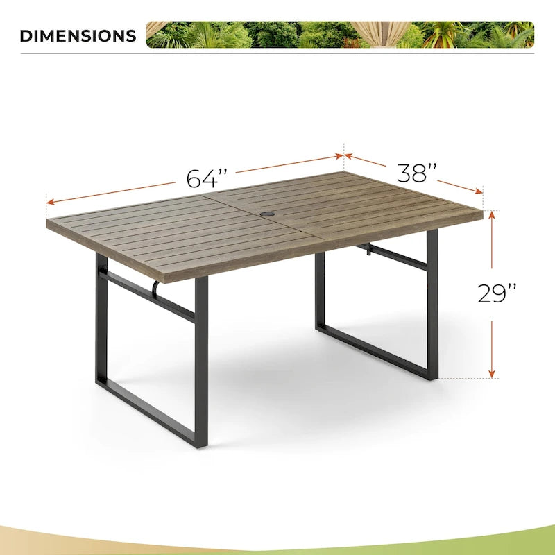 7-Piece Outdoor Dining Set, Brown & Black, Rectangular Table with 6 Metal Chairs, Seats 6