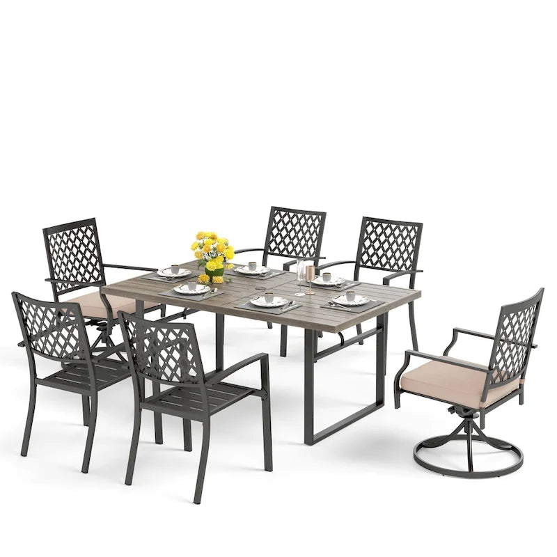 7-Piece Outdoor Dining Set, Brown & Black, Rectangular Table with 6 Metal Chairs, Seats 6