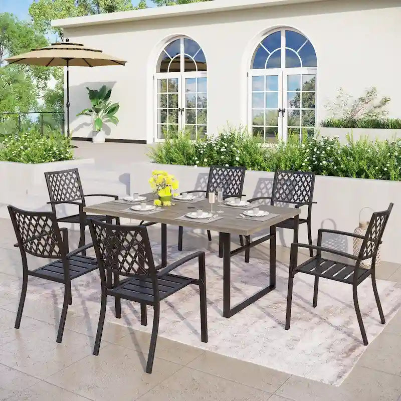 7-Piece Outdoor Dining Set, Brown & Black, Rectangular Table with 6 Metal Chairs, Seats 6