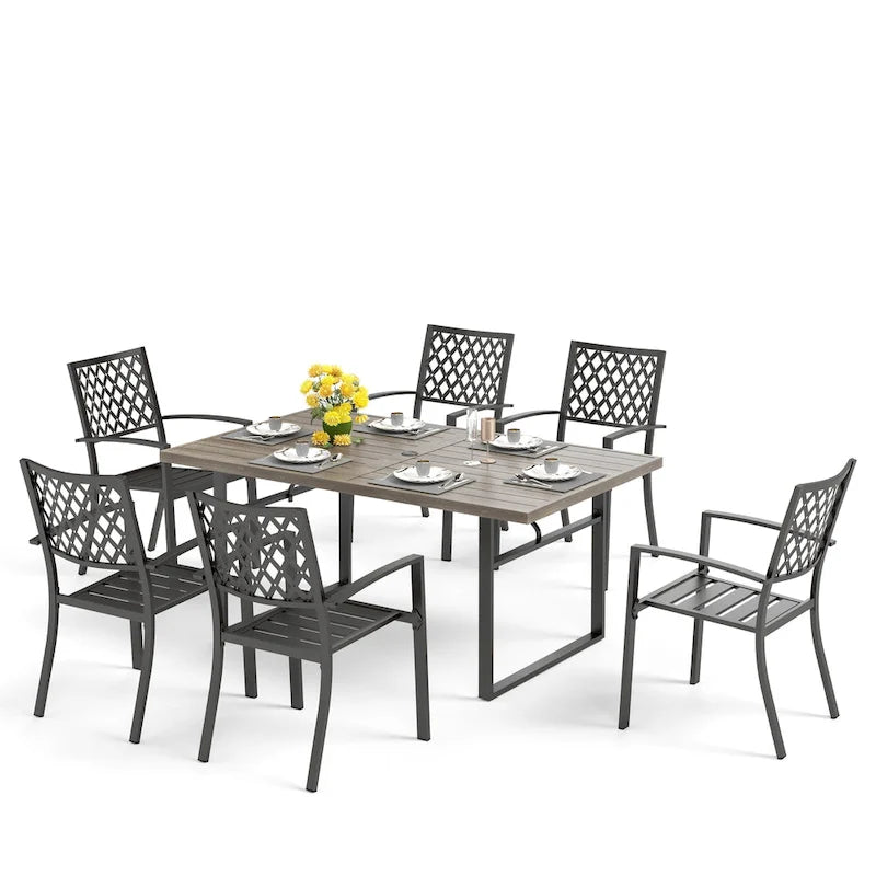7-Piece Outdoor Dining Set, Brown & Black, Rectangular Table with 6 Metal Chairs, Seats 6