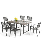 7-Piece Outdoor Dining Set, Brown & Black, Rectangular Table with 6 Metal Chairs, Seats 6