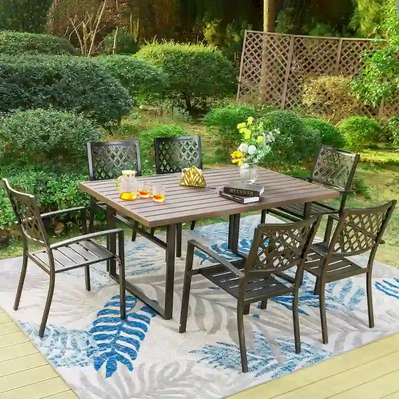 7-Piece Outdoor Dining Set, Brown & Black, Rectangular Table with 6 Metal Chairs, Seats 6