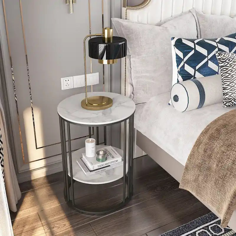 Cold Jadeite / Black / Gold 2-Tier Round Sintered Stone Side Table, 1-Person