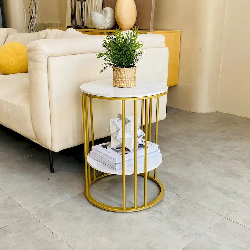 Cold Jadeite / Black / Gold 2-Tier Round Sintered Stone Side Table, 1-Person