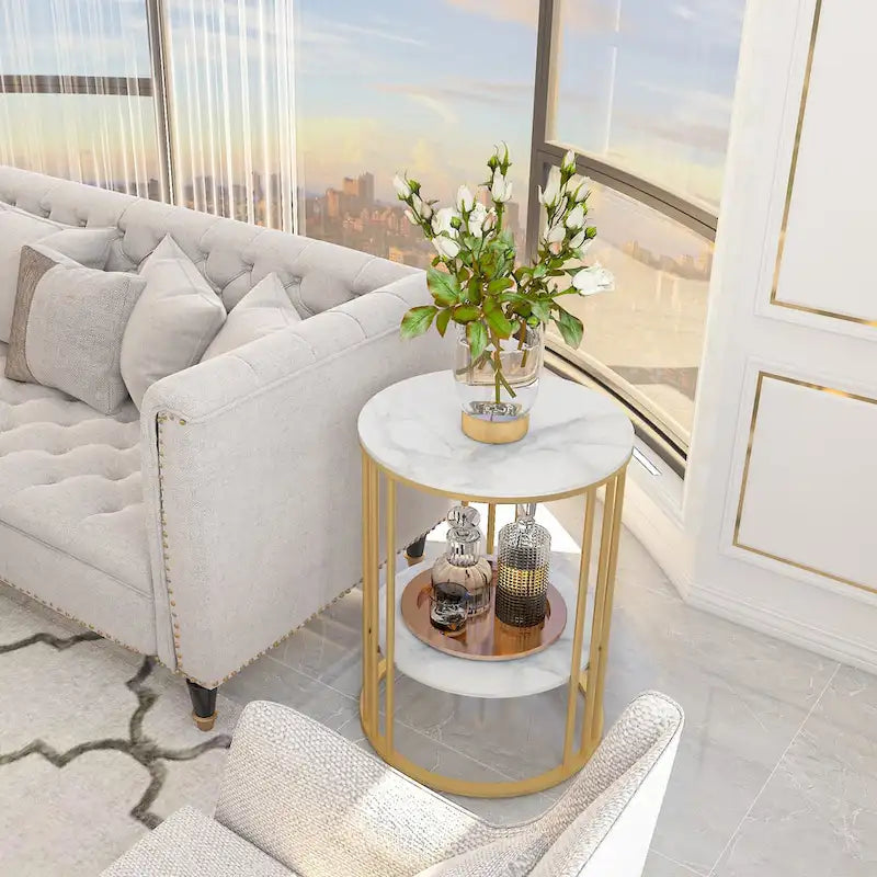 Cold Jadeite / Black / Gold 2-Tier Round Sintered Stone Side Table, 1-Person