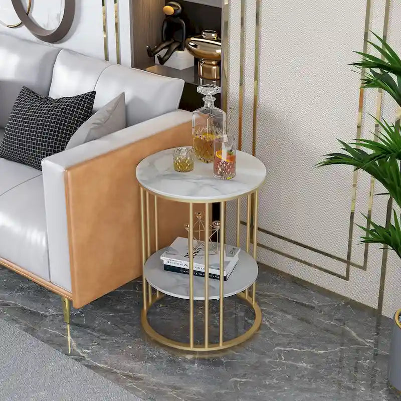 Cold Jadeite / Black / Gold 2-Tier Round Sintered Stone Side Table, 1-Person