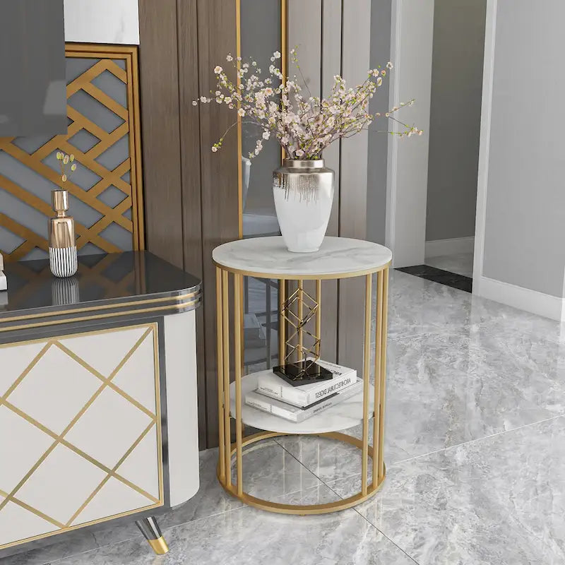 Cold Jadeite / Black / Gold 2-Tier Round Sintered Stone Side Table, 1-Person