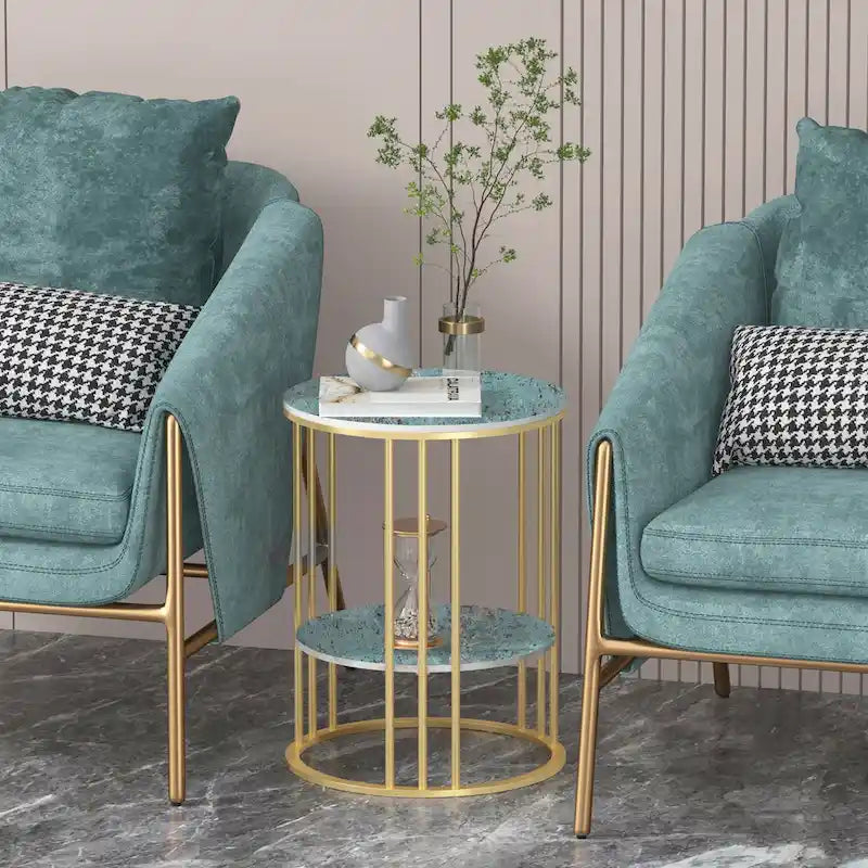 Cold Jadeite / Black / Gold 2-Tier Round Sintered Stone Side Table, 1-Person