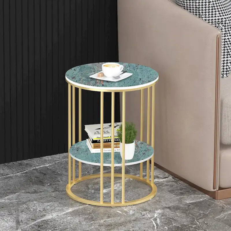 Cold Jadeite / Black / Gold 2-Tier Round Sintered Stone Side Table, 1-Person