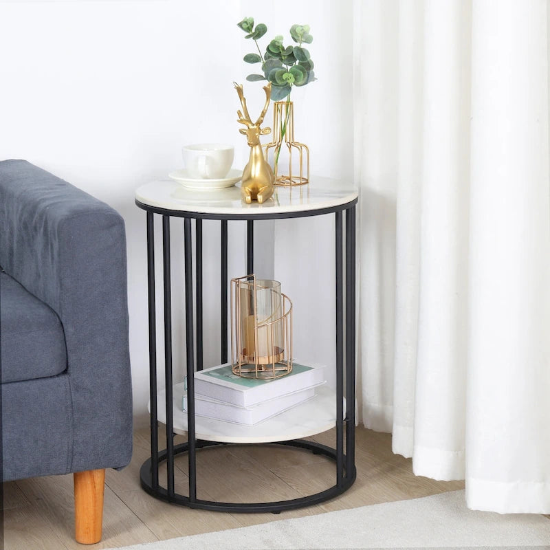 Cold Jadeite / Black / Gold 2-Tier Round Sintered Stone Side Table, 1-Person