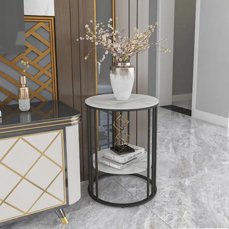 Cold Jadeite / Black / Gold 2-Tier Round Sintered Stone Side Table, 1-Person