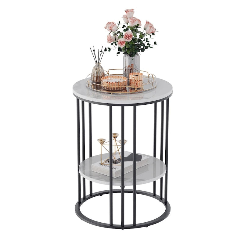 Cold Jadeite / Black / Gold 2-Tier Round Sintered Stone Side Table, 1-Person