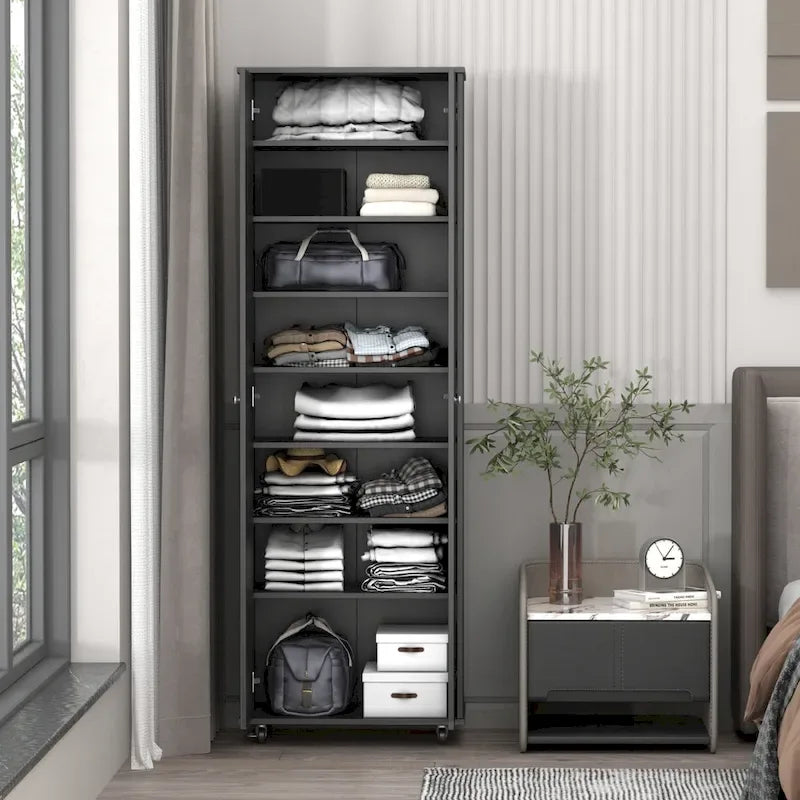 Black / White Double-Door Wardrobe & Shoe Cabinet with Caster Wheels – Single