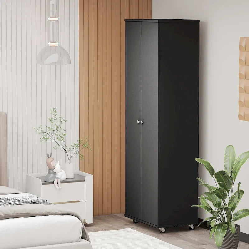 Black / White Double-Door Wardrobe & Shoe Cabinet with Caster Wheels – Single