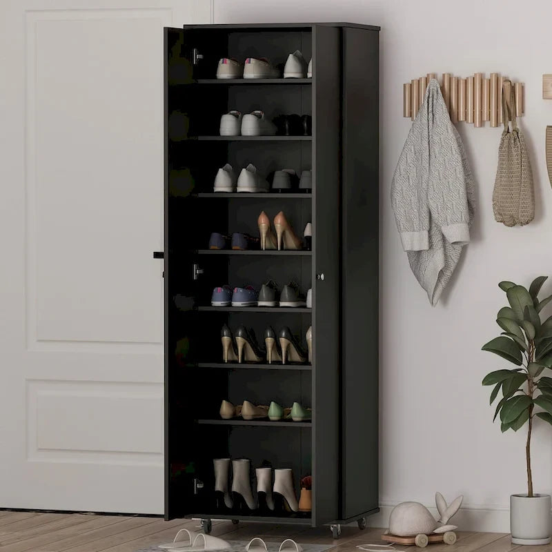 Black / White Double-Door Wardrobe & Shoe Cabinet with Caster Wheels – Single