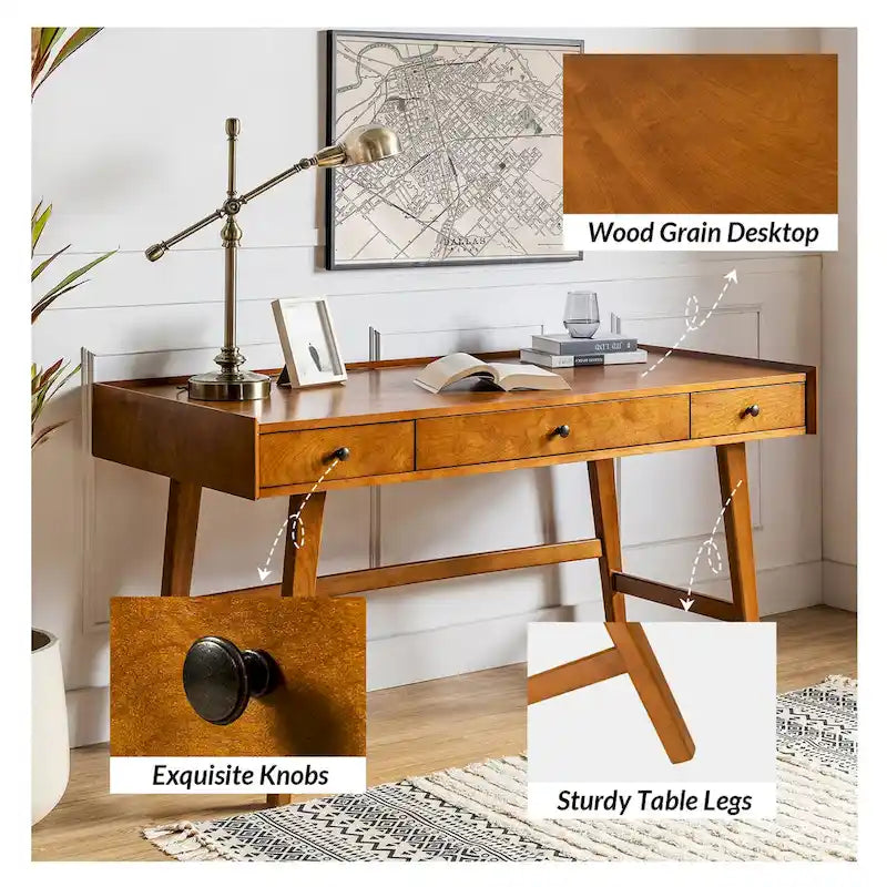 Acorn / Walnut 60" Mid-Century Modern Office Desk, 3 Drawers, Single