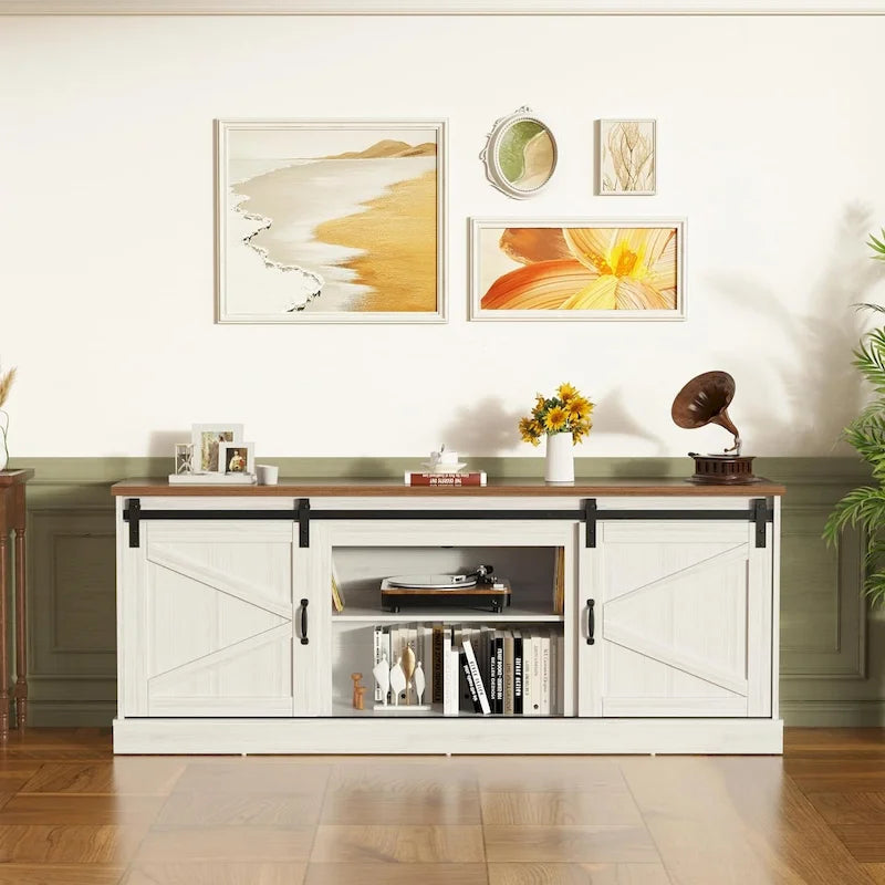 Rustic Brown 67" Farmhouse TV Stand with Sliding Barn Doors, 2 Styles, Fits 1 TV up to 75"