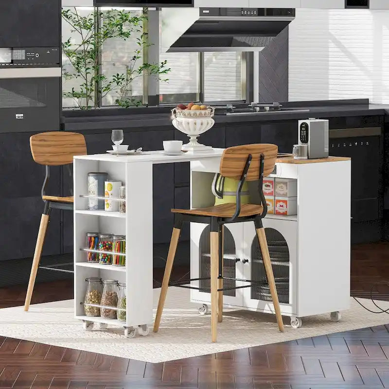 White / Navy Blue / Grey Blue Rolling Kitchen Cart with Drop-Leaf Top & LED Doors – 1 Person