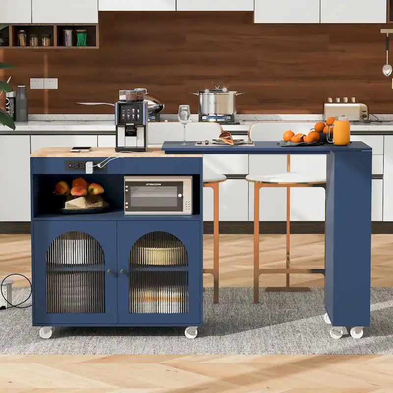 White / Navy Blue / Grey Blue Rolling Kitchen Cart with Drop-Leaf Top & LED Doors – 1 Person