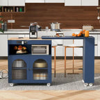 Rubberwood Kitchen Cart with Drop Leaf, Extended Table, 2 Fluted Glass Doors, LED Light and Power Outlet