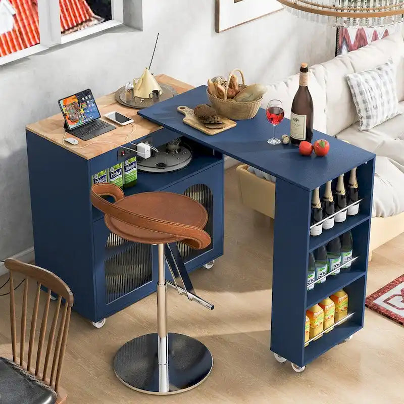 White / Navy Blue / Grey Blue Rolling Kitchen Cart with Drop-Leaf Top & LED Doors – 1 Person