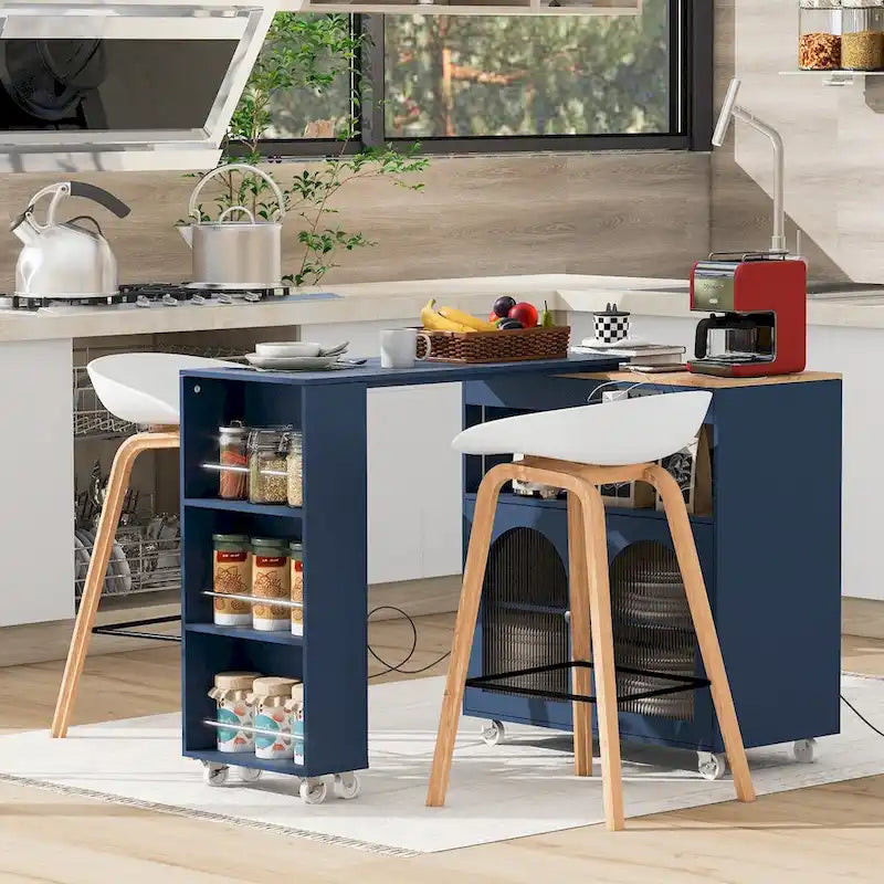 White / Navy Blue / Grey Blue Rolling Kitchen Cart with Drop-Leaf Top & LED Doors – 1 Person