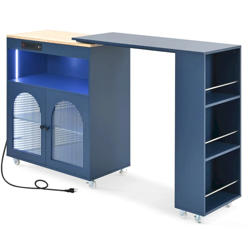 White / Navy Blue / Grey Blue Rolling Kitchen Cart with Drop-Leaf Top & LED Doors – 1 Person