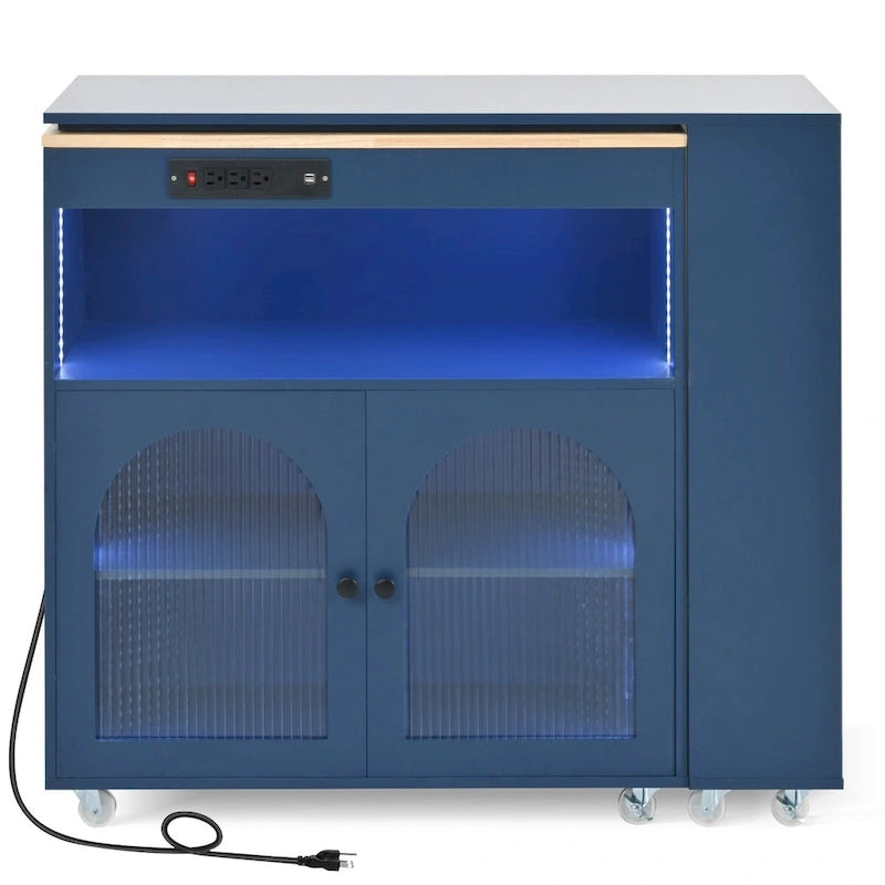 White / Navy Blue / Grey Blue Rolling Kitchen Cart with Drop-Leaf Top & LED Doors – 1 Person