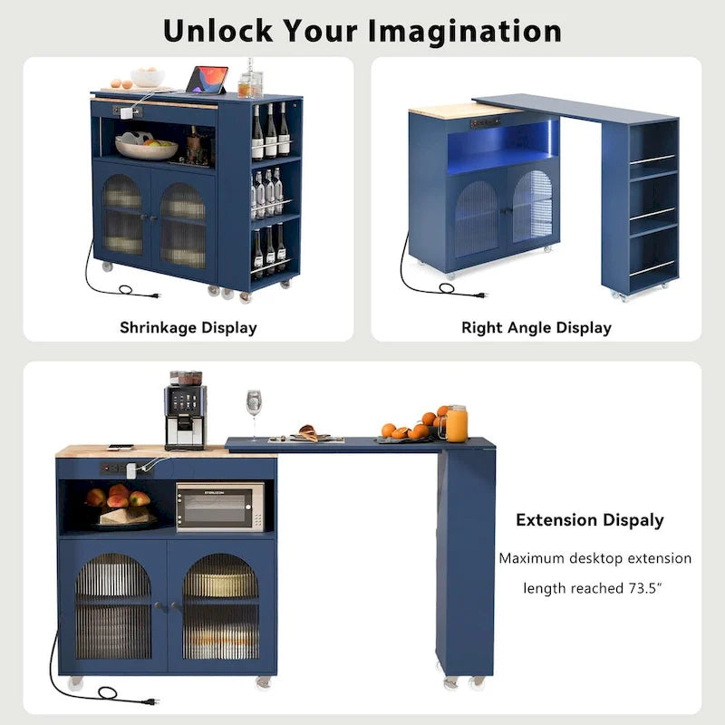 White / Navy Blue / Grey Blue Rolling Kitchen Cart with Drop-Leaf Top & LED Doors – 1 Person