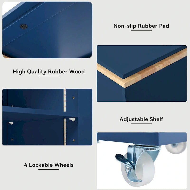 White / Navy Blue / Grey Blue Rolling Kitchen Cart with Drop-Leaf Top & LED Doors – 1 Person